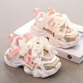 Sandali estivi in mesh per bambine con grande fiocco in pizzo e perle in rosa - 37 / Oro