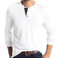 Close-up detail of white men's long-sleeve Henley shirt with chest pocket and buttons - S / Tops / White