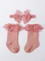 Conjunto de diadema con lazo de encaje rosa y calcetines altos con volantes para bebés - Rosa Empolvado
