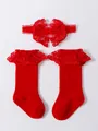 Conjunto de diadema con lazo de encaje Lolita rojo y calcetines altos con volantes bebé. - S (0-1 Año) / Diadema Con Lazo Y Calcetines / Rojo