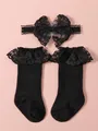 Conjunto Lolita para bebé con diadema de lazo de encaje negro y calcetines con volantes - S (0-1 Año) / Diadema Con Lazo Y Calcetines / Negro