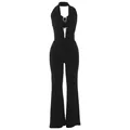 Elegante mono negro con cuello halter, escote en V profundo y pernera acampanada - L / Top Y Pantalón / Negro