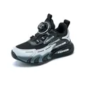 Breathable boys athletic mesh sneakers with rotary buckle closure in black and grey - 28 / Black