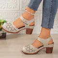 Side view of beige chunky heel sandals with hollow-out pattern and buckle strap - 38 / Champagne