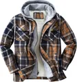 Detailed view of the soft white fleece lining inside a plaid hooded flannel jacket for men - S / Tops / Blue Khaki