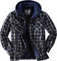 Close-up of men's blue plaid flannel jacket featuring a warm fleece lining and hood - S / Tops / Blue