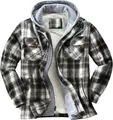 Men's plaid flannel hooded jacket with thick fleece lining and silver zip closure - S / Tops / Light Green