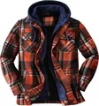 Macro detail of men's red plaid flannel hooded jacket with warm fleece lining and zip - S / Tops / Orange
