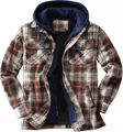 Macro detail of men's plaid flannel jacket showing warm navy fleece lining and texture. - S / Tops / Light Orange