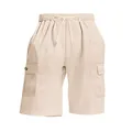 Detail of beige corduroy cargo shorts showing the drawstring waist and large side pockets - Apricot