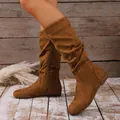 Brown suede slouchy flat mid-calf boots with side zipper detail for autumn fashion - 36 / Chocolate