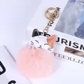 Pink faux rabbit fur pom-pom keychain with cute cat head design and gold clasp - Fortune Cat Shape / Pink