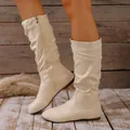 Detail of beige slouchy mid-calf boots with side zipper and suede finish - 36 / Off White