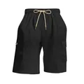Macro detail of black corduroy cargo shorts with elastic drawstring waist and pockets - S / Bottoms / Black