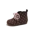 Brown polka dot baby boots with pink laces and side zipper for toddlers. - Brown / Size 23 Inner Length 14.8cm