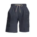 Macro view of navy blue corduroy fabric on men's cargo shorts with drawstring waist - S / Bottoms / Navy Blue