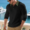 Polo à manches longues pour homme avec texture côtelée lourde et col contrasté. - S / Hauts / Noir