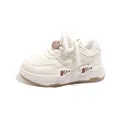 Stylish girls' white sneakers featuring cute cartoon cat and fish accents for autumn - Size 27 (Inner Length 17.4cm) / Khaki Leather