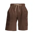Detail view of brown corduroy cargo shorts for men featuring elastic drawstring waist - Brown