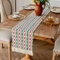 Grand chemin de table bohème en coton tissé avec motifs géométriques et pompons - MX100 (Rouge-Vert style gland) Set de table / 30x50cm / Rouge et Vert
