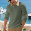 Polo à manches longues pour hommes en maille côtelée vert sauge et col crème élégant - S / Hauts / Vert clair