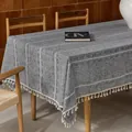 Rustic gray cotton linen tablecloth with white embroidery and tassel fringe - Yingyue Stripe Series / 60*60cm / Black and Gray