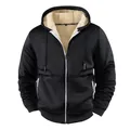 Zware zwarte herenhoodie met rits en warme crèmekleurige fleecevoering aan de binnenkant - Zwart