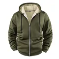 Olijfgroene herenhoodie met ritssluiting en een warme beige voering van imitatiebont - Legergroen