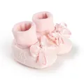 Close-up of pink baby girl socks with delicate lace floral embroidery and satin bow detail - Inner Length 11cm Fleece Lined / Pink