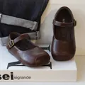 Elegant brown leather Mary Jane shoes for little girls with soft and flexible soles - Size 23 (Inner Length 14.5cm) / Dark Brown