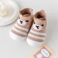 Soft-sole knitted baby walking shoes featuring a cute brown bear pattern and stripes - 11.5cm / Khaki