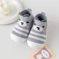 Grey and white striped knit baby walker shoes with a cute bear face and soft white sole. - 11.5cm / Gray
