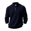 Navy blue men's half-zip pullover sweatshirt with waffle texture and stand collar detail - S / Tops / Navy Blue