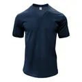 Heren navy blauw corduroy T-shirt met korte mouwen en V-hals, slim fit casual zomerkleding - S / Tops / Marineblauw