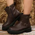 Close-up of side buckle details on brown thick-sole faux leather Martin boots for women - 38 / Double Buckle Dark Brown