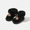 Black girls' fur-lined snow boots with flower charms for ages 9 months to 6 years. - Size 15 (Inner Length 11.5cm) / Black