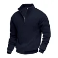 Vista dettagliata della felpa da uomo blu navy con mezza zip e trama a piccoli quadretti - Taglia S / Top / Blu navy