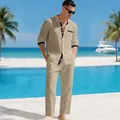 Heren beige linnen set met overhemd met lange mouwen en broek in luxe resortstijl - S / Boven- En Onderstuk / Licht kaki
