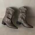 Vintage bruine dames cowboylaarzen met studs, puntige neus en een stevige blokhak - 35 / Khaki Stijl (K365509)