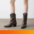 Stylish vintage dark brown western ankle boots with metal rivet accents and a pointed toe - 35 / Khaki