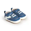 Detailed close-up of blue and white canvas baby walking shoes for infants and newborns - 11cm / Blue