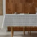 Retro rustic light gray cotton-linen tablecloth with white embroidery and cream tassels. - Yingyue Stripe Series / 60*60cm / Light Gray
