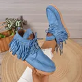 Westerse stijl blauwe suède enkellaarsjes met franjes en metalen studs voor dames - 36 / Blauw met Veters