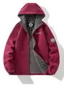 Front view of a maroon hooded fleece jacket featuring grey lining and Norwayan embroidery - Wine Red