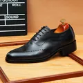 Men's black premium leather brogue oxford dress shoes with classic wingtip carving - 37 / Black and Gray