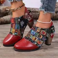 Stylish patchwork block heel ankle boots with colorful ethnic print and red toe. - 38 / Red