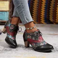 Vintage floral patchwork chunky high heel ankle boots for women's autumn fashion collection - 36 / Black