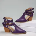 Elegant purple pointed-toe chunky heel boots with decorative buckle straps for women's autumn fashion - 36 / Purple