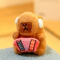 Adorable brown capybara plush toy wearing headphones and playing a pink accordion - Music Style with Accordion - Faux Mink Fur