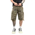 Distressed camouflage cargo shorts with heavy ripped details in vintage washed finish. - S / Bottoms / Camouflage